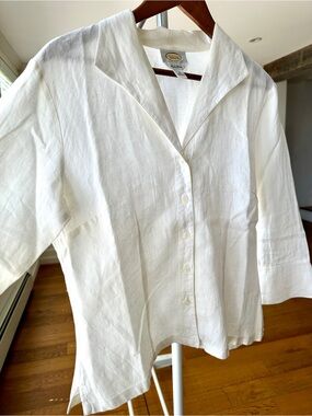 Talbots Cream Button-Down Shirt in Irish Linen, Fitted Classic, 3/4 Sleeves